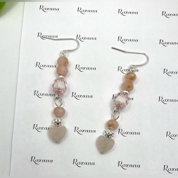 Unique Dainty Dangle Earrings - Rose Quartz Hearts, Crystal beads - Picture 6 of 7